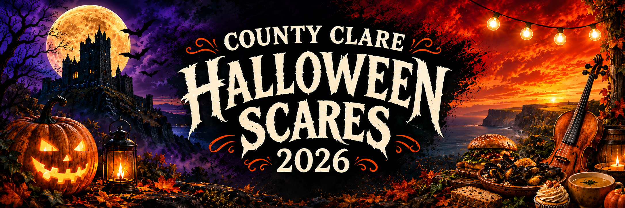 Banner for Halloween Scares 2026 with spooky castles and lit-up pumpkins .